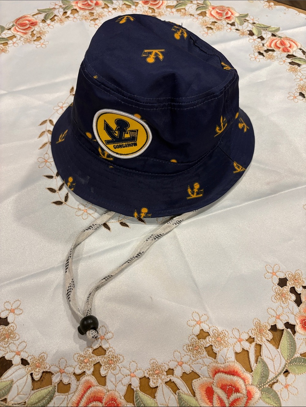Navy Anchor Bucket Hat with Chin Cord